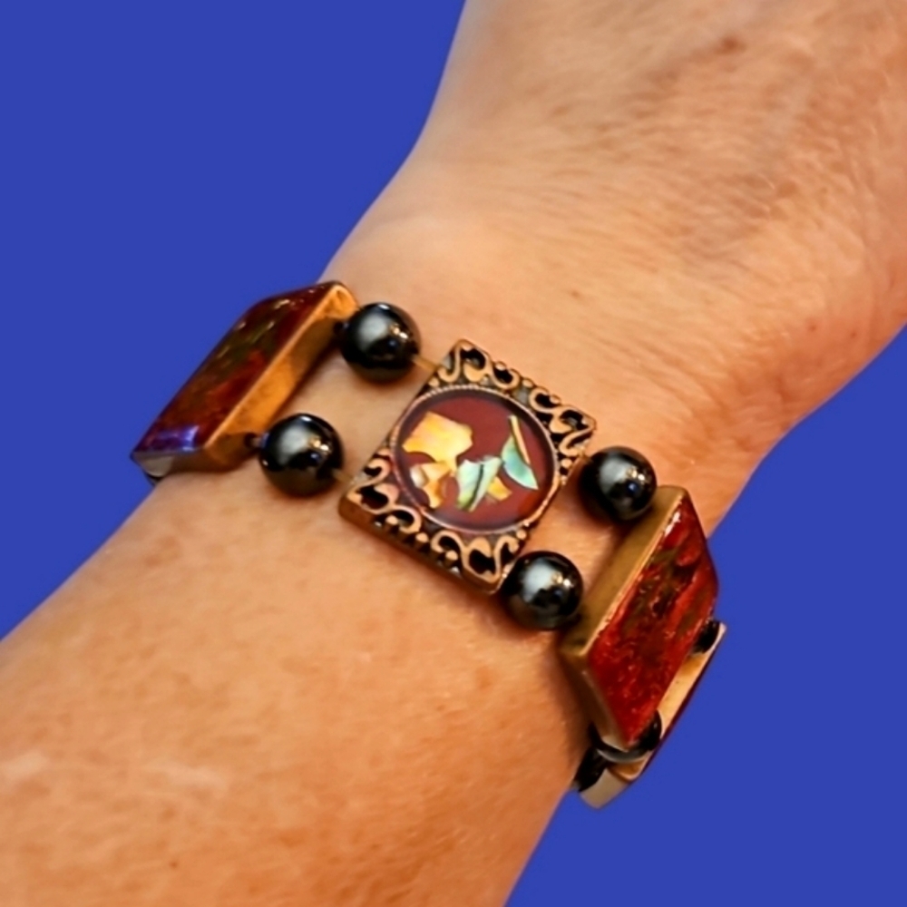 3/$30 COPPER Tile Enamel Abalone Chips Hematite Beaded Stretch Bracelet